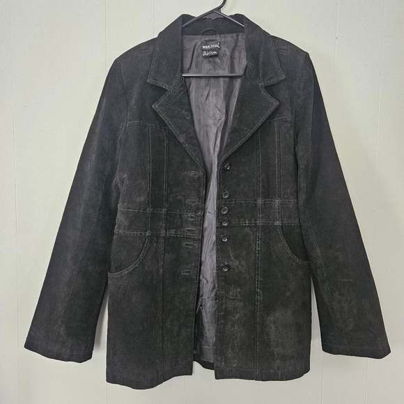 Wet Seal Jackets & Blazers - Wet Seal Leather Jacket‎ Womens Large Black Good Suede Button Front Y2K Grunge